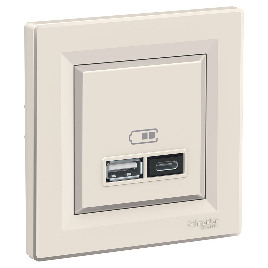 Asfora USB Prizi, 2.4A, ikili, Type A+C, krem